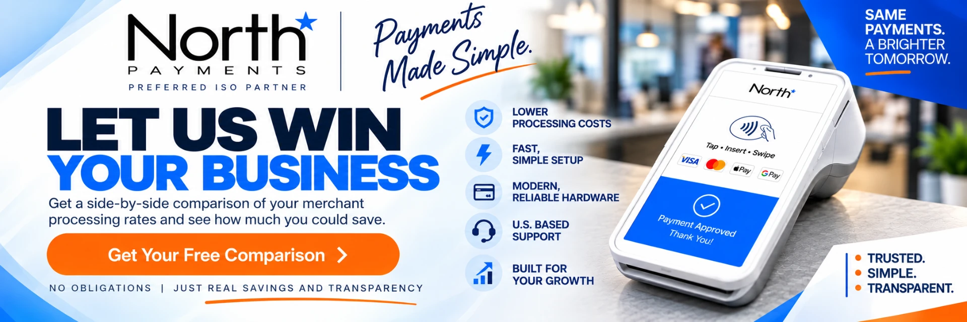 North Payments free merchant processing comparison with modern hardware and United States based support