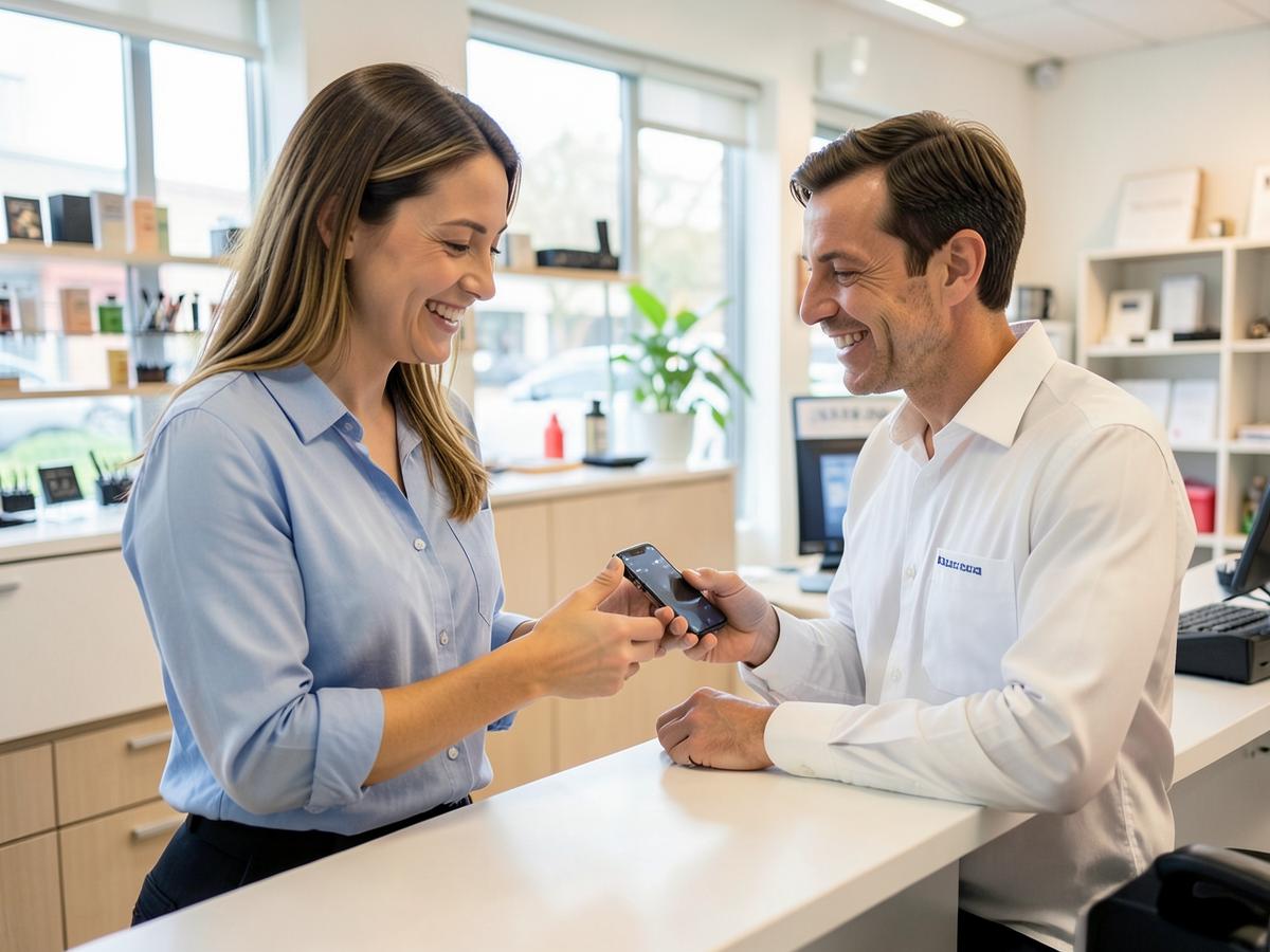Customer picking up a repaired phone at the counter